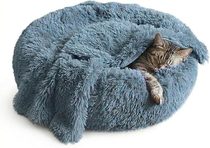 Whiskers & Friends Cat Beds for Indoor Cats, Fluffy Calming Donut Cat Bed, Small Dog Bed Washable - Orthopedic Soft Plush Pet Beds Sized for Kitten to Large Cats & Puppy to Small Dogs - Navy Grey C
