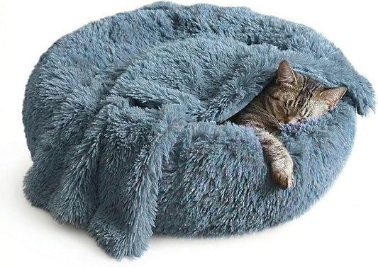 Whiskers & Friends Cat Beds for Indoor Cats, Fluffy Calming Donut Cat Bed, Small Dog Bed Washable - Orthopedic Soft Plush Pet Beds Sized for Kitten to Large Cats & Puppy to Small Dogs - Navy Grey C