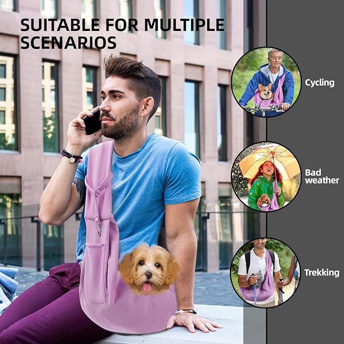 Dog Carrier Sling - Reversible Puppy Carrier Purse with Storage Pocket, Hand-Free Dog Sling Carrier for Carry Small Dogs and Cats, Travel Safety Harness, Dog and Cat Harness (Purple)