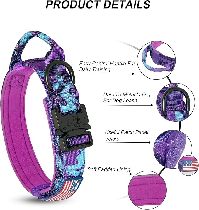 Hotsky Tactical Dog Collar and Leash Set, Heavy Duty Military Airtag Dog Collar with Handle and Metal Buckle for Training and Walking, with Airtag Holder and Two Patches (Purple Camo, M)