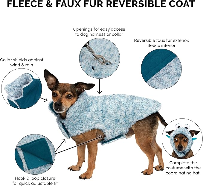 Furhaven Reversible Small Dog Coat, Washable & Insulating w/ Leash Access - Two-Tone Faux Fur & Quilted Fleece Flex-Fit Jacket - Marine Blue, Small