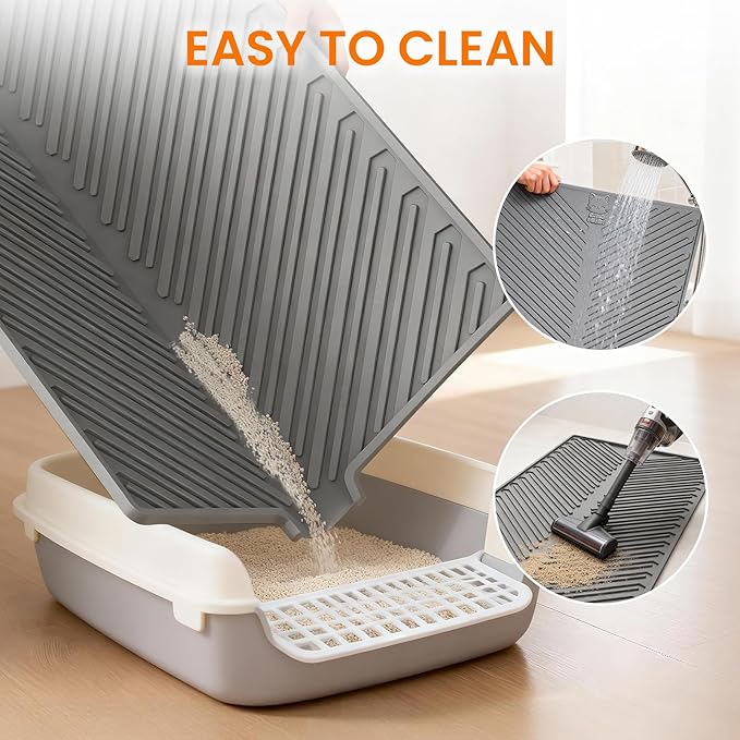 Cat Litter Box Mat, 34" x 22" Large Silicone Waterproof Litter Trapping Mat for Scatter Control, Non-Slip, Easy to Clean, Soft on Kitty Paws