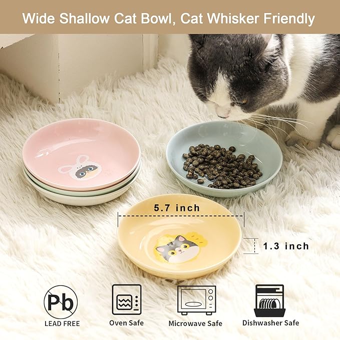 Ceramic Cat Bowls Set - 5.7 inch Cat Food Bowls Whisker Fatigue Friendly, 5 Wide Cats Plates for Wet Food Dry Food Water