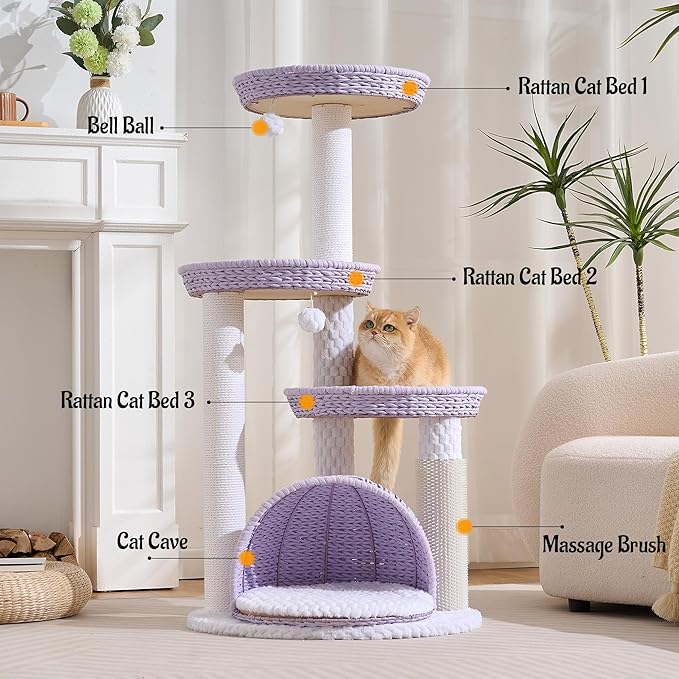 HITTITE Modern Cat Tree Tower with Scratching Post, 46 Inches Tall Cat Towers with Woven Cat Nests and Cave, Multi-Level Cat Tree With Removable Cushions and Massage Brush for Indoor Cats Large Adult.