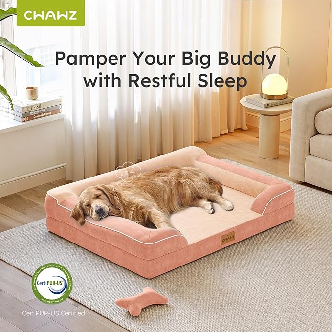 CWAWZ Extra Large Dog Bed, Orthopedic Dog Bed with Cooling Gel Memory Foam, Waterproof XL Pet Bed with Removable Washable Cover, 42" Pet Sofa Couch Dutch Velvet with Bone Toy, Peach Pink