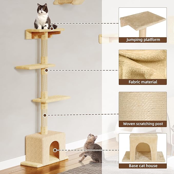 Cat Wall Shelves, Wall Mounted Pet Shelf Furniture w/Plush Fabric(26 Piece Set), 63''H Cat Tower w/Scratching Posts, Cats Furniture with 40''L Tunnel, Condos, House, Steps and Ladder, Beige