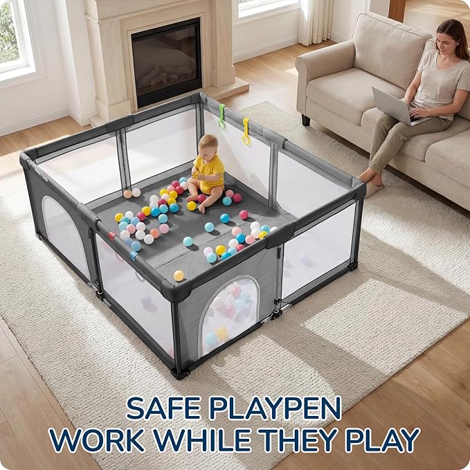 Foldable Baby Playpen, 1-Minute Setup, Lightweight Portable Playpen with Carry Bag, 59"x71" Indoor Outdoor Safty Play Yard for Babies & Toddlers, Dark Gray