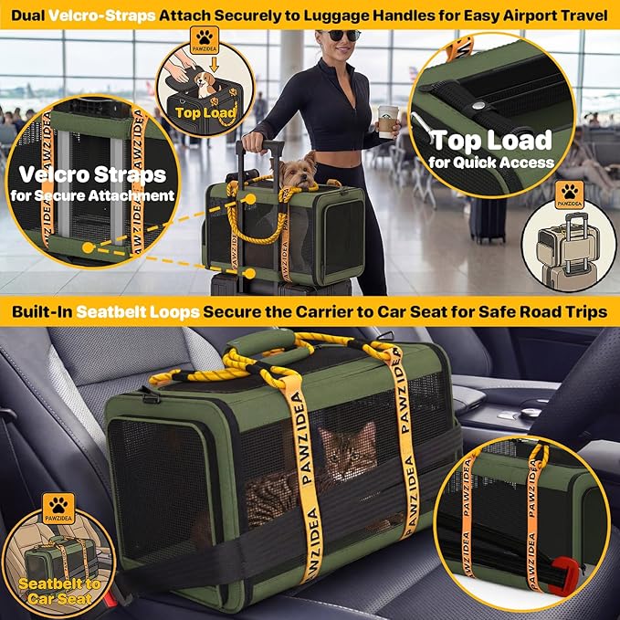 PAWZIDEA Expandable Pet Carrier with Wheels, 18"x11"x11" TSA Airline Approved Cat Carrier for 2 Cats Under Seat, Collapsible Soft-Sided Small Dog Rolling Travel Bag with Telescopic Handle, Up to 18lbs