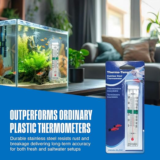 Penn-Plax Therma-Temp Stainless Steel Thermometer - Accurate Aquarium Thermometer - Easy to Read - Dual Scale for Freshwater and Saltwater Tanks - Rust-Resistant Clip-On Design - 4.25 Inches
