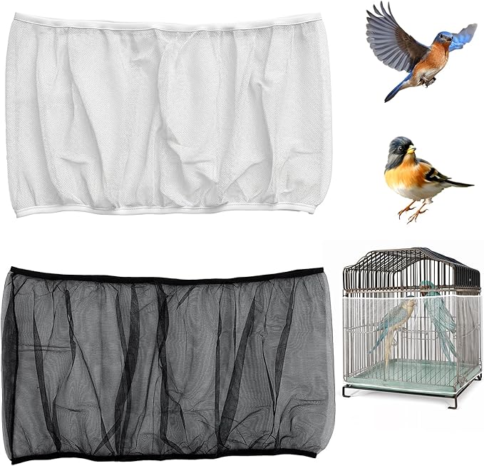2 Pcs Bird Cage Seed Catcher, Bird Cage Seed Catcher Guard Nylon Net Cover, Adjustable 137.8-196.9 Inches Circumference (Black & White, XL)