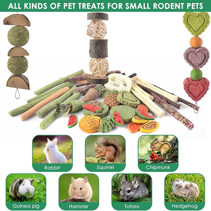 KATUMO Rabbit Chew Toys with 3 Types of Strung Hanging Toys, Natural Bunny Teeth Care Chew Kit Apple Wood Sweet Bamboo Grass Timothy Sticks for Guinea Pig, Hamster, Chinchilla, Small Animals