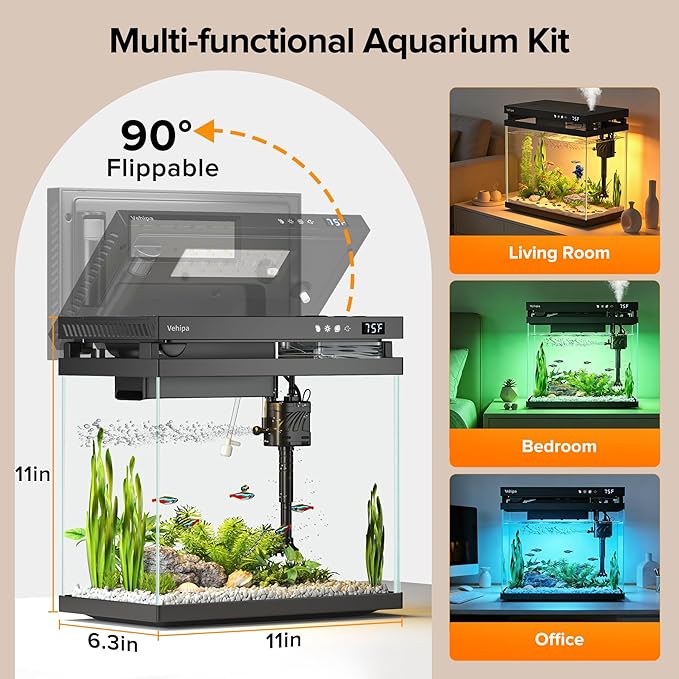 Vehipa Fish Tank, 2.2 Gallon Smart Aquarium, Small Fish Aquarium Kits with Smart Humidifier, Auto Feeder, Silent Water Pump, Temperature Display & 7-Color Lighting, for Office & Home - Black