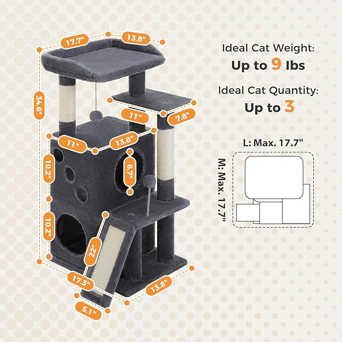 PETEPELA Cat Tree for Indoor Cats, 34.6" Small Cat Tower with Scratching Posts, 2 Condos, Scratching Ramp & Dangling Toys, Cat Play House for Multi-Cat Households, Dark Grey