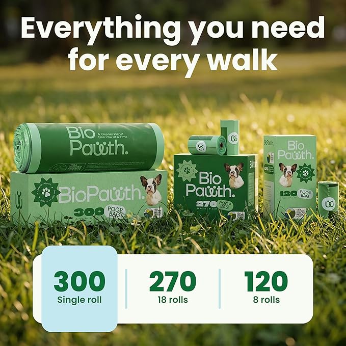 Dog Poop Bags, USDA Certified Biobased Product (42%), Extra Thick & Leak-Proof, Unscented, Single Roll Pet Waste Bag for Dogs & Cats, 300 Count