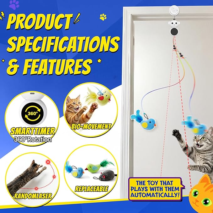 Interactive Cat Toys for Indoor Cats - 2 in 1 Automatic Laser Pointer Cat Toy with Feather Flying Bird, Smart Moving Mouse Wand Toy, Auto On/Off Hanging Toys for Bored Kitten & Adult Cats(Grey)