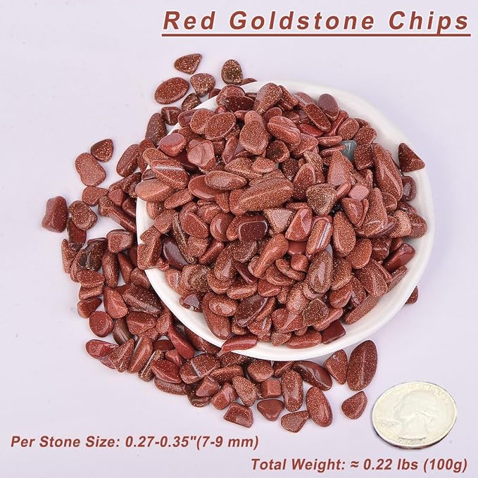 Erliway 100g Natural Red Goldstone Crystal Chips 7-9mm Tumbled Stones | Small Crushed Crystal Stone, Polished Crystals Chips for Fish Tank, Healing Tumbled Rocks for Reiki Jewelry Making Home Décor