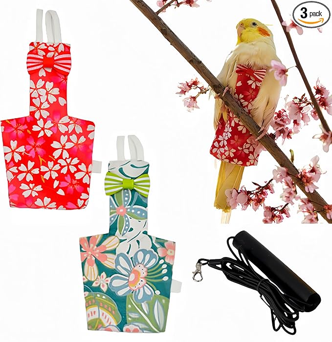 2 Pcs Bird Diapers Bird Harness Flight Suits Diapers with 80in Flying Leash Reusable Parrot Nappy with Waterproof Inner Layer for Cockatiel Budgie Conure Parakeet Lovebird-Red&Green