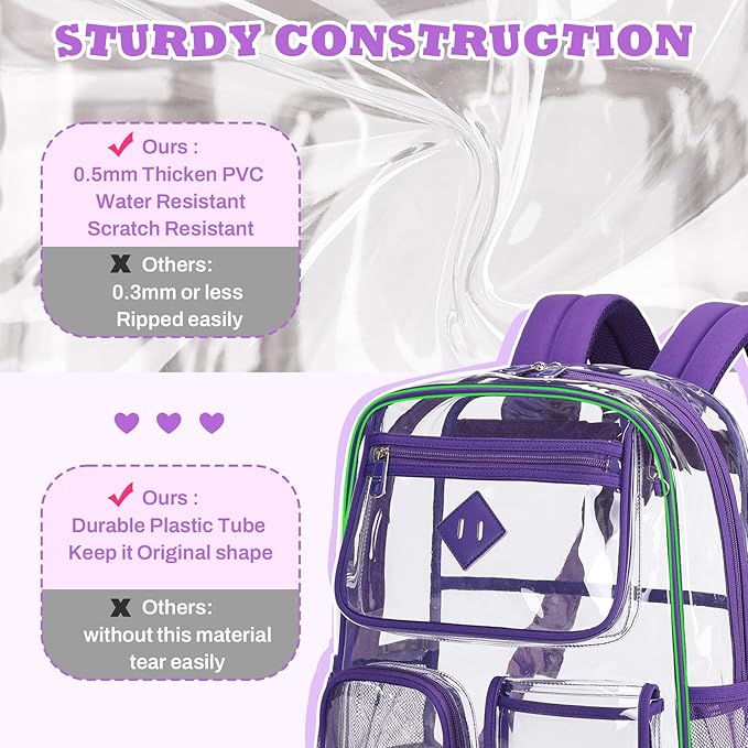 PIG PIG GIRL Clear Backpack for School,Heavy Duty PVC Transparent Bookbag for Girls Stadium Approved See Through Backpack