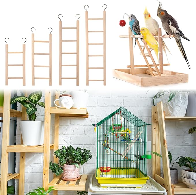 EupHHonycs 4PCS Wooden Ladders for Bird Cages 4 Sizes Wooden Ladder Birds Toys Parrot Step Ladders Cage Hanging Bird Climbing Toys for Parakeets, Parrots, Cockatoo and Lovebirds