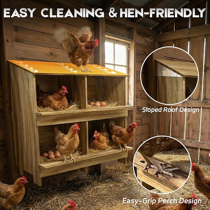 Wooden 4 Holes Chicken Nesting Boxes for Laying Eggs, Gold Standard Two-Tier Nest Box for Chickens, Farmhouse Series Laying Boxes for Hens, Ducks and Birds