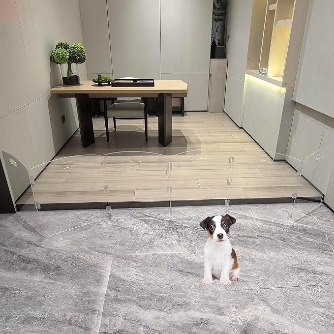 Clear Freestanding Dog Gate for Indoor Use,Pet Gates for Doorways no Drilling,Acrylic Foldable Dog Gate for Stairs with Support Feet (6 Panel - 120''W x 23''H)