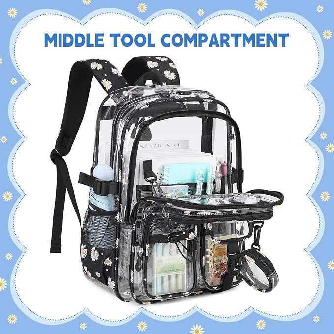 Clear Backpacks for Stadium Events Heavy Duty Clear Bookbag for School Girls Transparent Back Pack, Black