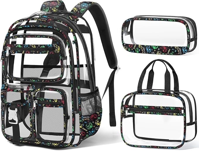 Fimibuke Clear Backpack for Boys, 3PCS Heavy Duty PVC Transparent Boys Backpack with Lunch Box & Pencil Case, School Stadium Event Approved Toddler School Bookbag for Preschool Kindergarten Elementary