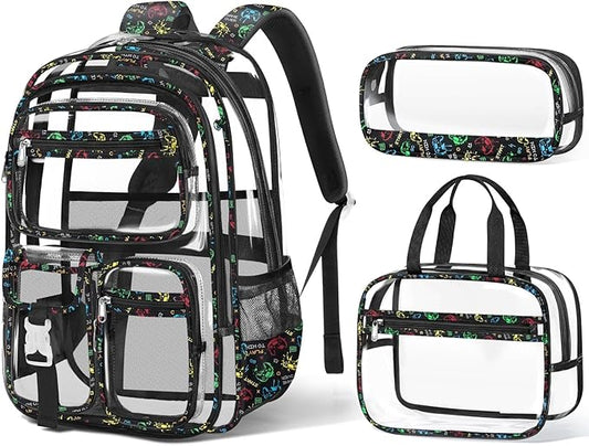 Fimibuke Clear Backpack for Boys, 3PCS Heavy Duty PVC Transparent Boys Backpack with Lunch Box & Pencil Case, School Stadium Event Approved Toddler School Bookbag for Preschool Kindergarten Elementary
