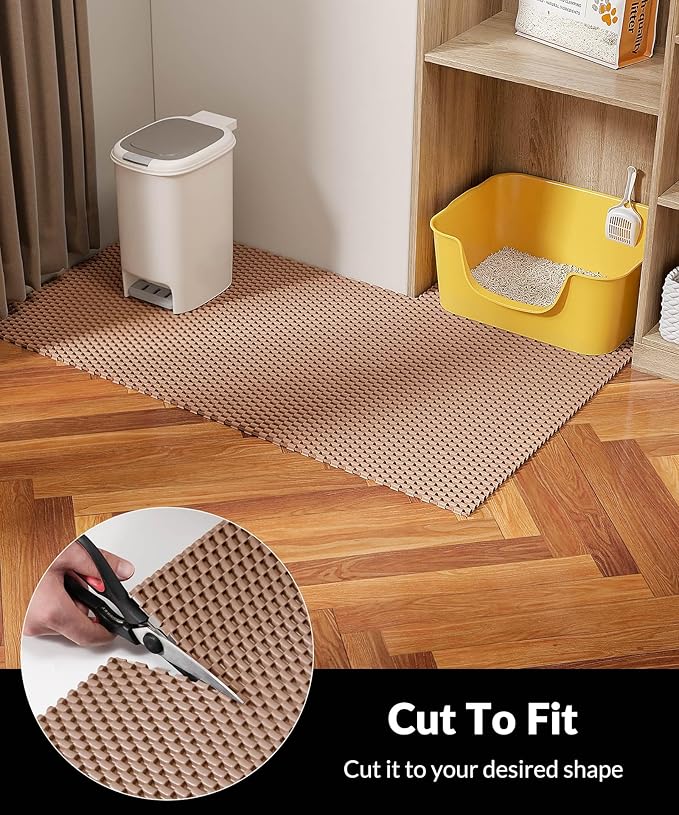 Cooyes Cat Litter Mat - Cut to Fit Any Place, 35"x23" Large Litter Trapping Mat for Litter Box, Easy to Clean, Waterproof & Non-Slip Kitty Pad, Scatter Control to Protect the Floor (Khaki)