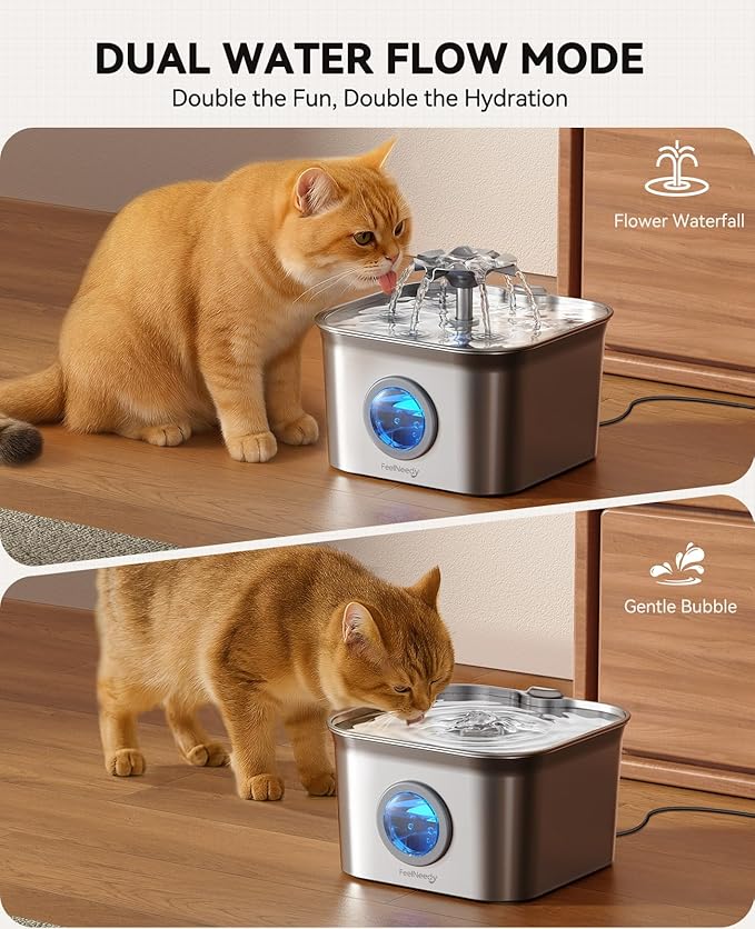 Stainless Steel Cat Water Fountain, 2.8L with 20dB Ultra-Quiet Pump- Ideal for Timid Pets, LED Water Level Window, Dishwasher Safe, 24/7 Circulation- Includes 9 Replacement Filters