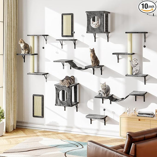 10-in-1 Cat Wall Shelves, Wooden Cat Climbing Wall with Scratching Post, Cat Wall Mounted Furniture for Climbers, Space-Saving Cat Wall for Play & Rest, Drywall & Solid Walls