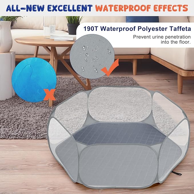 Pawaboo Small Animals Playpen with Pad, Waterproof Small Pet Cage Tent with Reusable Pad, Portable Outdoor Yard Fence for Chick/Kitten/Puppy/Guinea Pig/Rabbits/Chinchillas, Gray+Gray