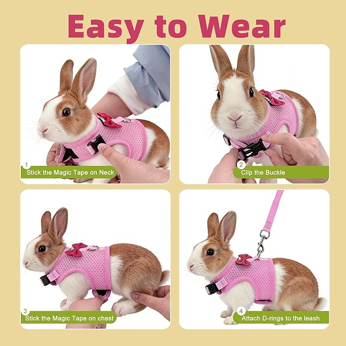 AIITLE Rabbit Harness and Leash Set with Cute Bow, Soft Breathable Mesh Vest Harness for Rabbits Kitten Ferret Puppy Small Pets Walking Supplies Pink L