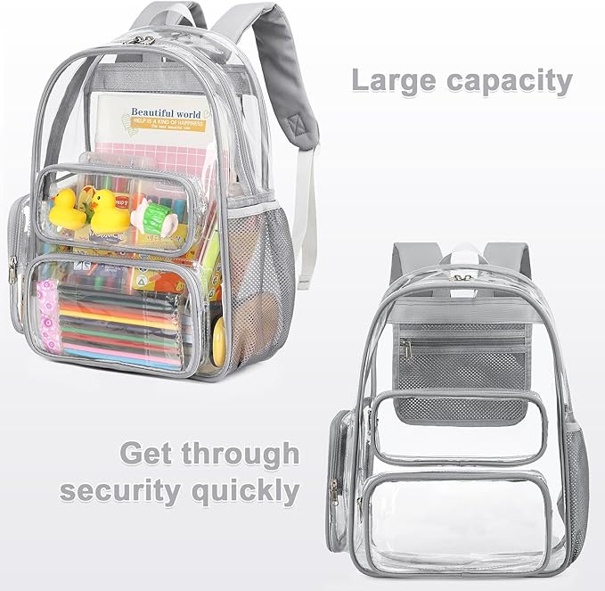 CAMTOP Clear Backpack Heavy Duty Transparent Bag See Through BookBag for Student School Work Festival Sport Travel (Grey)
