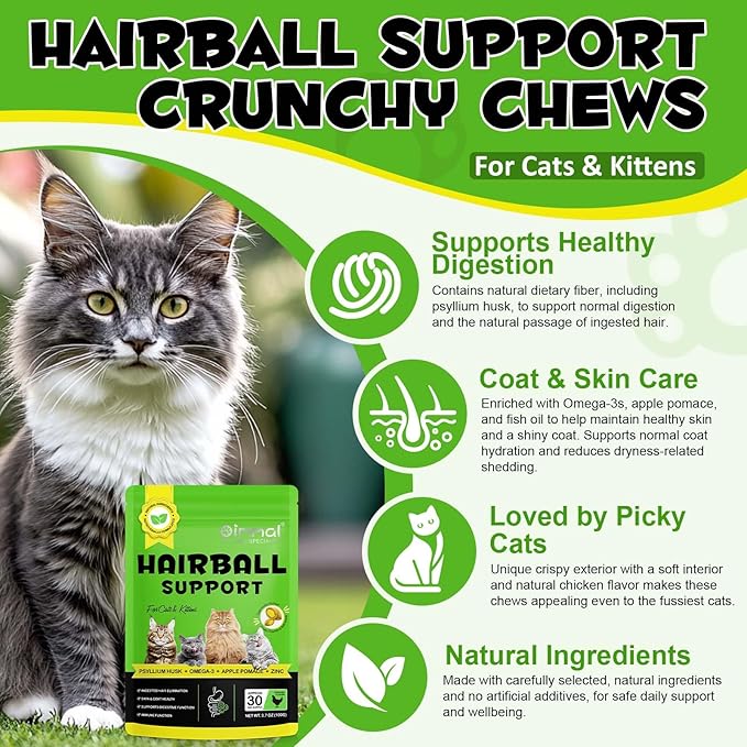 VOSIFSDIY Hairball Treatment for Cats, Cat Treats Hairball Remedy Crunchy & Creamy Chews Supports Skin & Coat, Vitamins for Digestion, Chicken (30-Day Supply)-2PCS