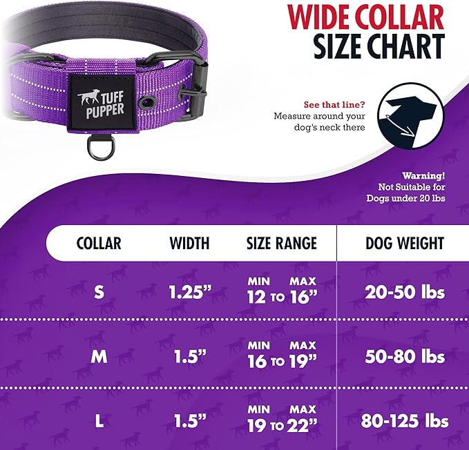 Tuff Pupper Heavy Duty Tactical Dog Collar | 1.5" Wide Ballistic Nylon | Reflective Stitching | Integrated ID Tag Holder | Stainless Steel Buckle | Padded Lining | Medium & Large Dogs (Purple, Medium)
