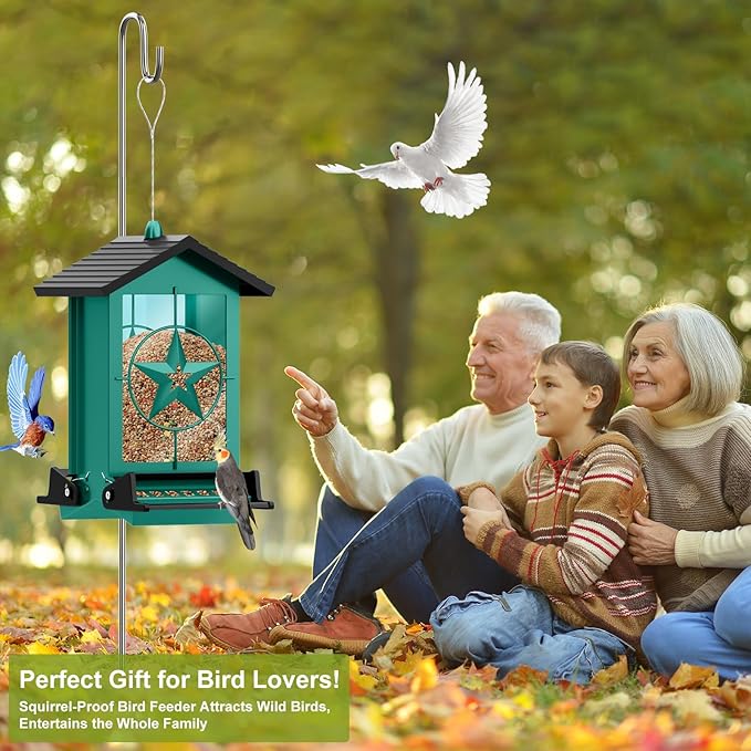 Squirrel Proof Bird Feeders for Outdoors with Weight-Activated, Metal 5LB Large Wild Bird Feeders for Cardinals,Blue Jay,Finch, Weatherproof Durable Hanging Bird Feeder for Backyard,Garden (Green)