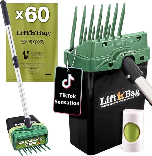 Neater Pet Brands Lift N’ Bag 2.0 Dog Pooper Scooper with Bag Attachment & 22" Pole for Small to Large Dogs, New & Improved Design, 60 Refill Bags, Heavy Duty Dog Poop Scooper for Yard, One-Hand Use