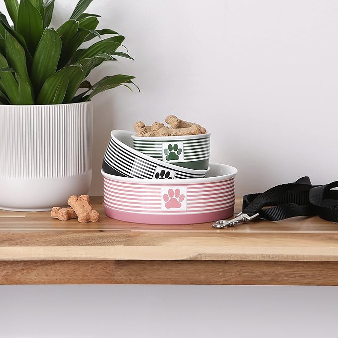 Bone Dry Ceramic Stripe Paw Pet Bowls Collection, Dishwasher Safe, Small, 4.25x2, Black, 2 Count