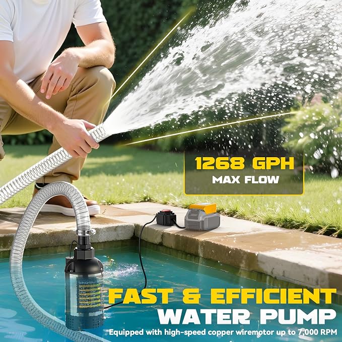 Ecarke Cordless Submersible Water Pump Compatible with Dewalt 20V Battery, 1268GPH Brushless High Flow Sump Pump with 6.5ft Hose, Portable Electric Water Pump for Swimming Pool Draining (Tool Only)
