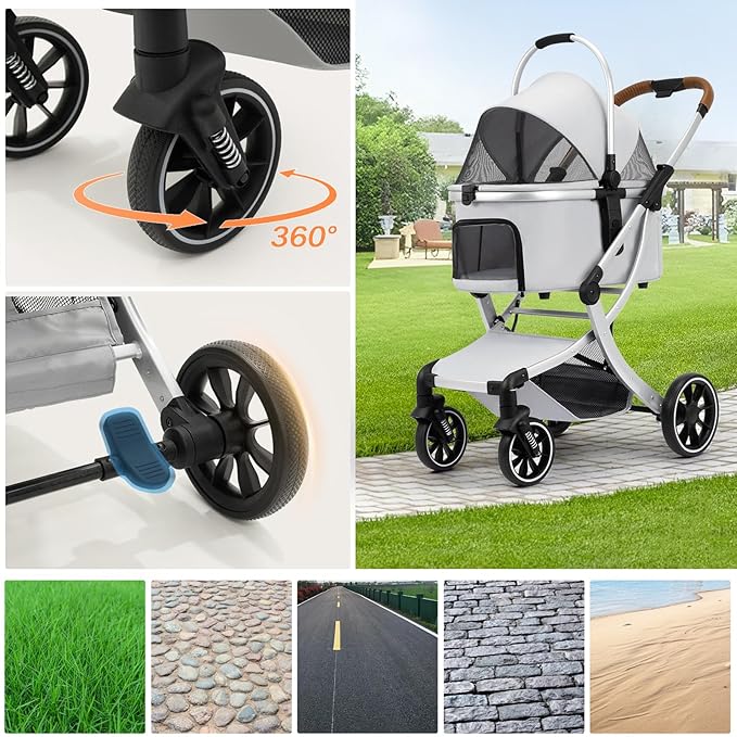 3 in 1 Pet Stroller for Small/Medium Dogs & Cats with Detachable Carrier, Storage Basket and Pet Pad, 4 Wheels Foldable Pet Travel Carrier for Car Seat & Hand Carry, Safe Outings (Grey)