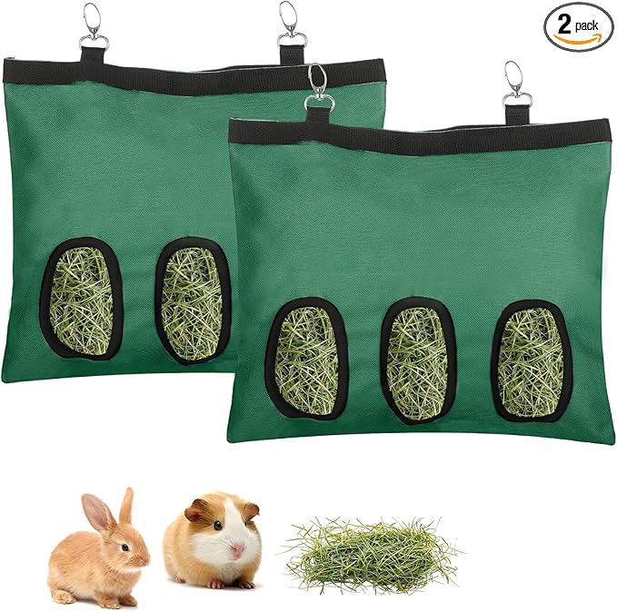 2 Pcs Rabbit Hay Feeder,Guinea Pig Hay Feeder,13×10.8 Inch Guinea Pig Bag,Small Animal Feeding Bag for Rabbits, Hamsters, Hedgehogs(3 Holes,Green)