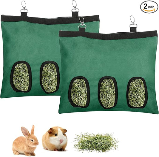 2 Pcs Rabbit Hay Feeder,Guinea Pig Hay Feeder,13×10.8 Inch Guinea Pig Bag,Small Animal Feeding Bag for Rabbits, Hamsters, Hedgehogs(3 Holes,Green)