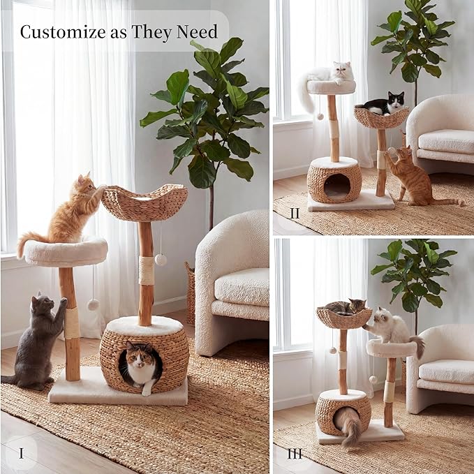 Leo & Lexi Modern Cat Tree Tower with Cave, Real Wood Cat Scratching Post with Bed for Indoor Cats Large Adult, Solid Wooden Climbing Tower, Cute Condo, Aesthetic Stand, Boho Luxury Pet Furniture