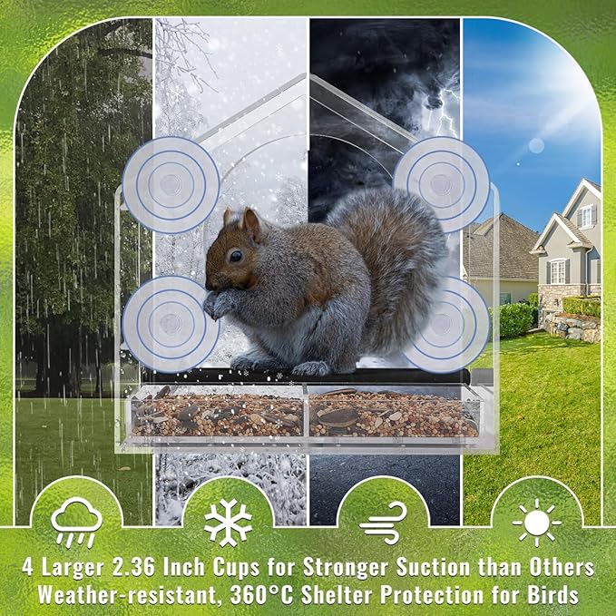 Window Bird Feeder with Strong Suction Cups - Clear Bird Feeders Window for Outdoor Viewing, Removable Tray for Easy Cleaning and refilling, for Grandma and Mom