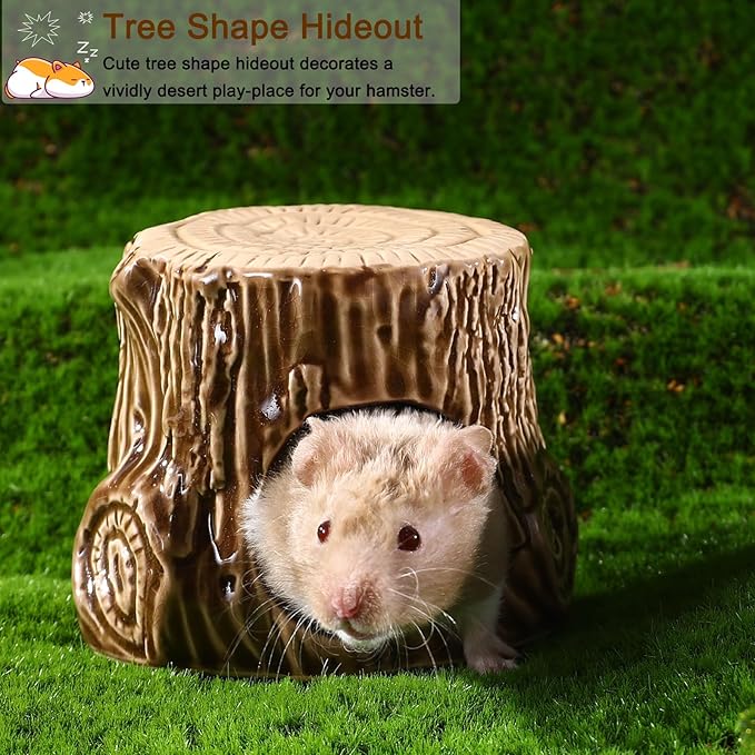 Ceramic Hamster Hideout,Stump Shape Dwarf Hamster House, Natural Guinea Pig Habitat Decor, Hideaway House for Gerbil, Cool Bed for All Season(Brown)