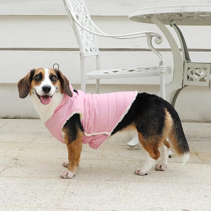 Vecomfy Fleece Lining Dog Hoodie with Harness Built in,Extra Warm Medium Dog Jacket in Winter Doggie Coats with Drawstring Hooded,Light Pink XL