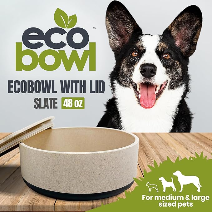 Palz&Co EcoBowl with Lid for Dogs & Cats, 48 oz Gray - Natural Bamboo Pet Bowl with Non-Slip Base, Pet Food and Water Dish, Dishwasher Safe