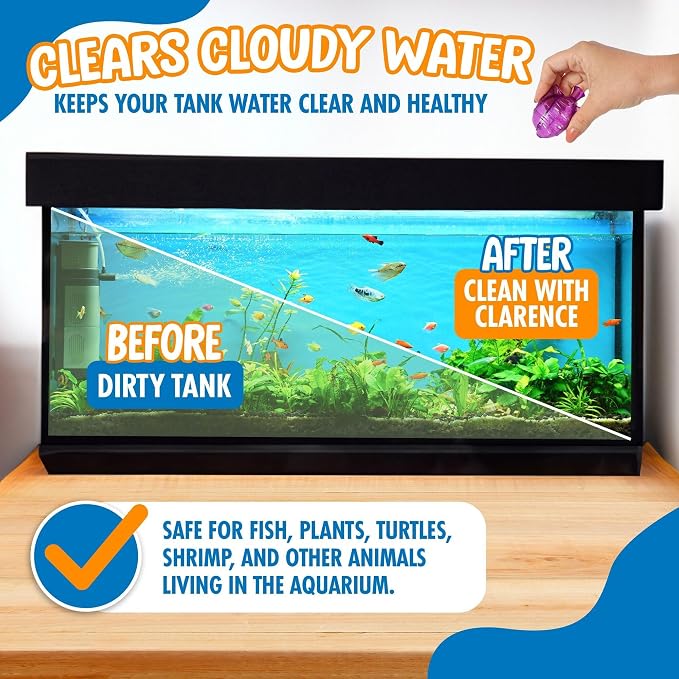 Clarence the Clarifier Fish - 1 pk, Purple - Aquarium Treatment, Clear Cloudy Fresh-Saltwater, Fish-Plant Safe, 10gal Tank Maintenance Each | Fish-shaped filter media, fresh & saltwater safe, controls ammonia & phosphate, up to 60 days per 10 gal