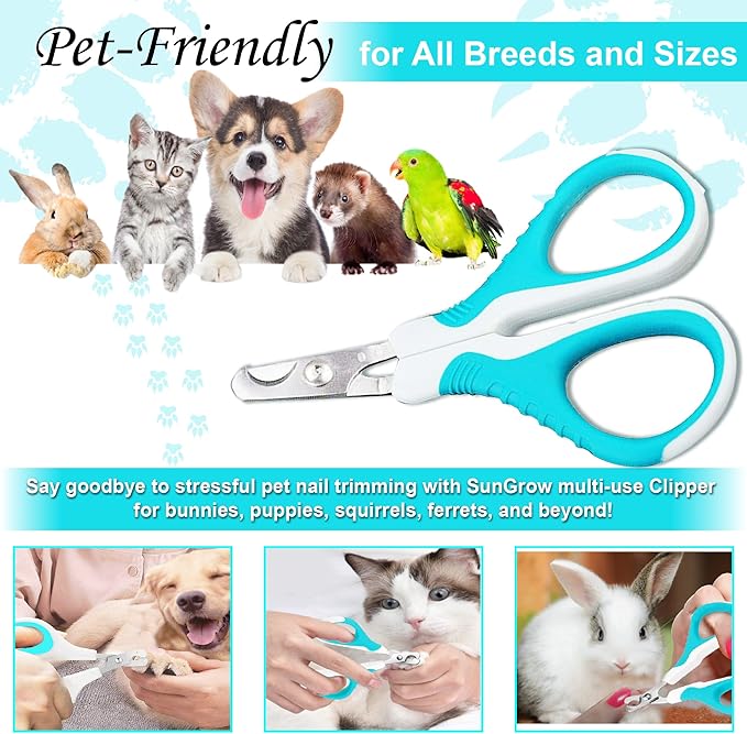 SunGrow Dog Nail Trimmer for Small and Medium Dogs, Cat Nail Claw Clipper, Non-Slip Handle, Professional Paw Grooming and Nail Care, Stainless Steel Blade